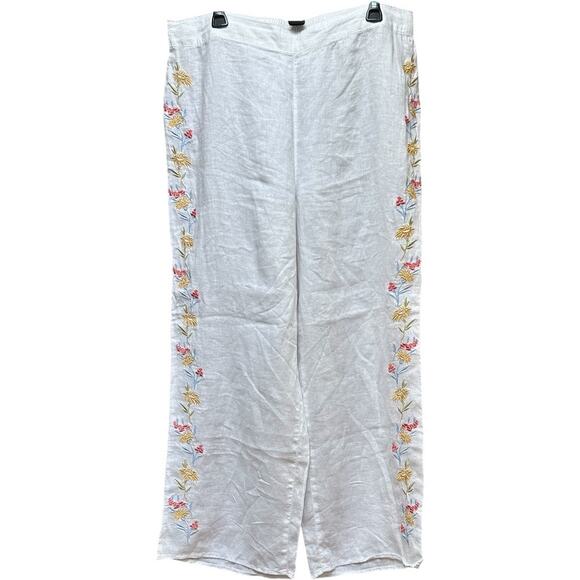 CALYPSO St. Barth Linen Wide Leg Pants White Floral Embroidered Boho Size L - Picture 4 of 8